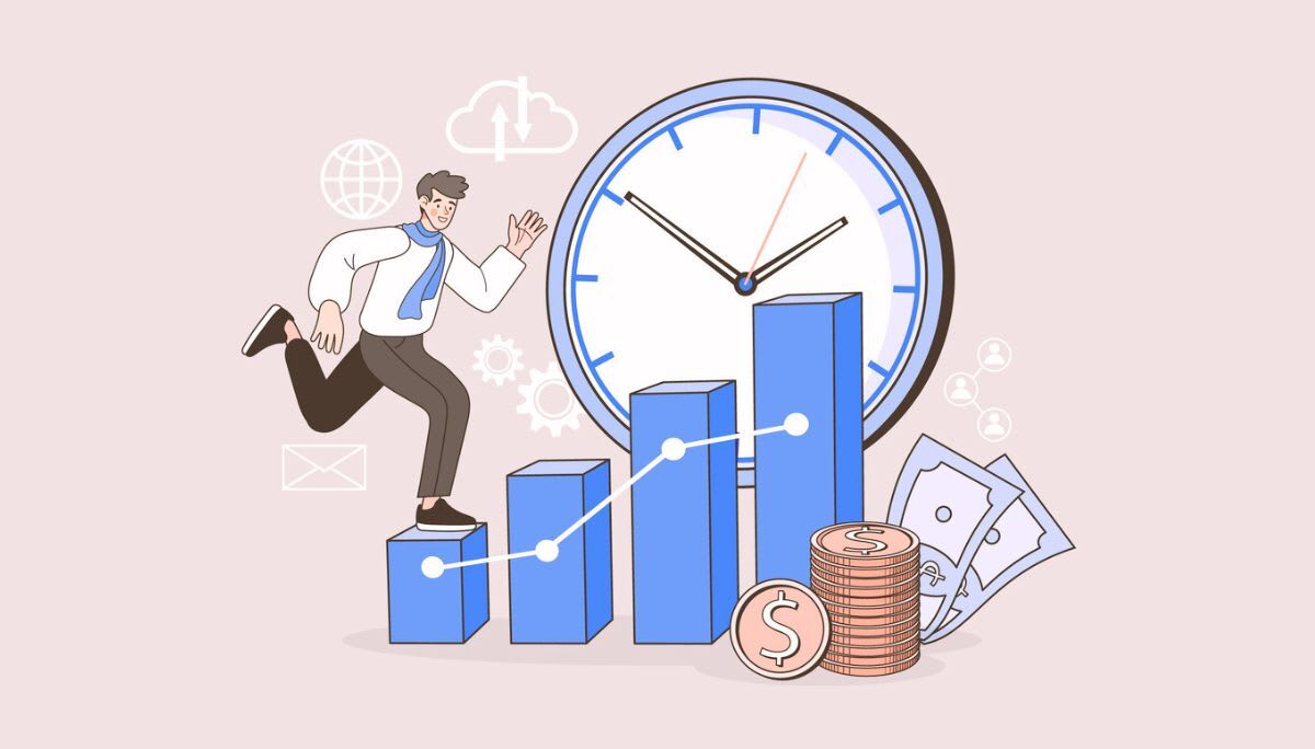 Business professional climbing a bar chart with a clock and money symbols.