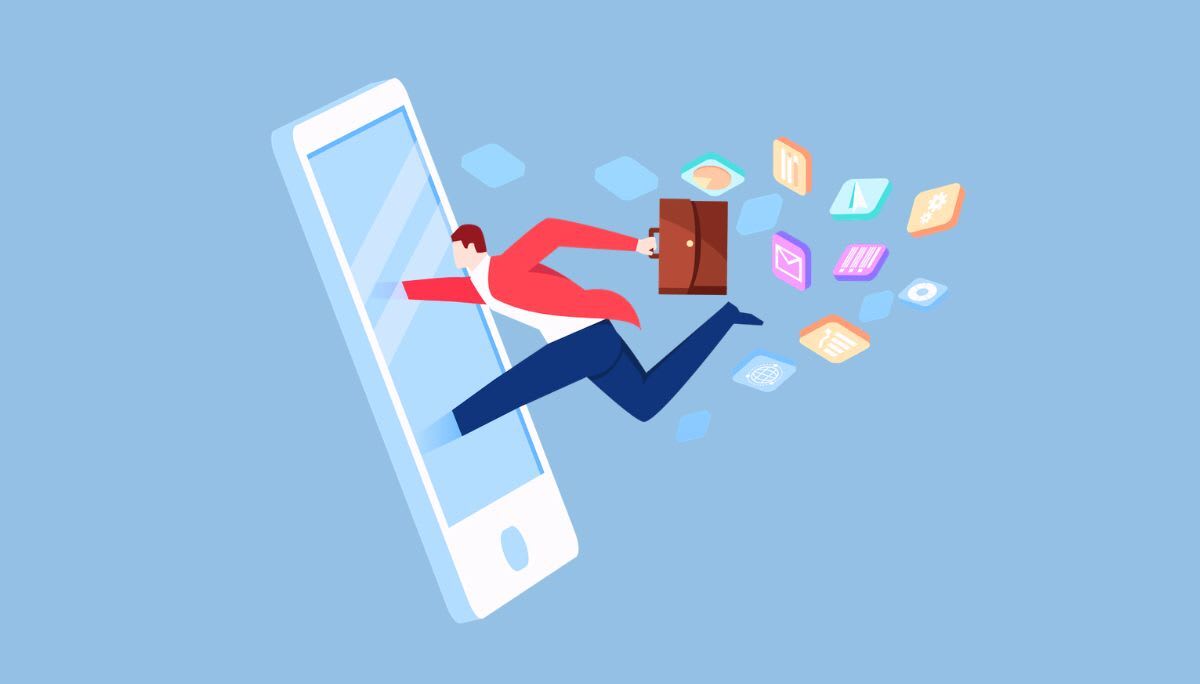 Business professional leaping out of a smartphone surrounded by colorful app icons, symbolizing mobile productivity apps for mastering workflow.