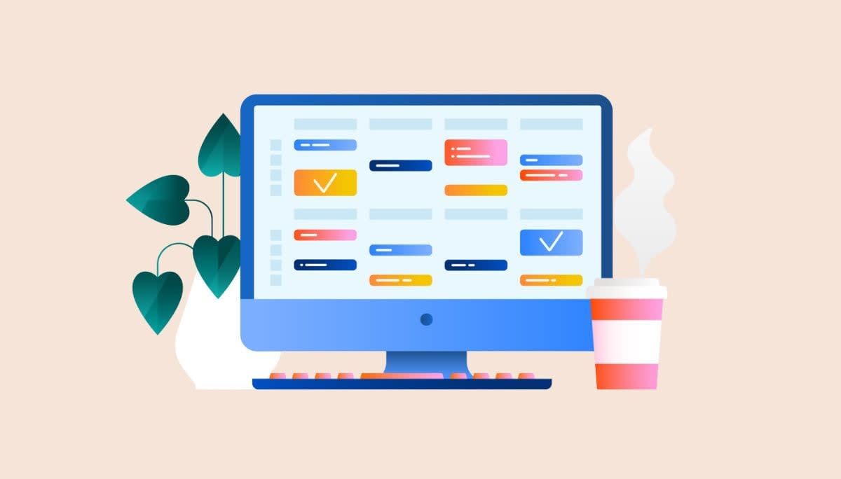 Illustration of a computer monitor displaying a colorful calendar interface on a tidy desk with a plant and a cup of coffee, symbolizing organizing and setting work hours.