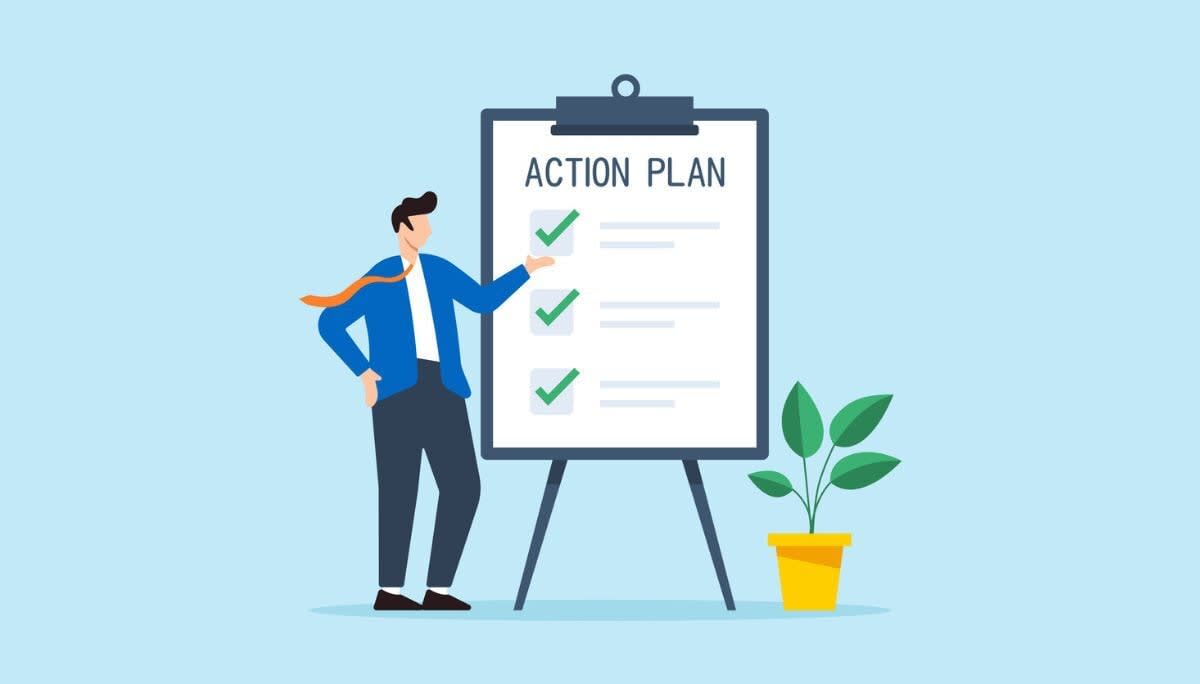 Illustration of person presenting checklist on action plan board, symbolizing how to write an action plan.