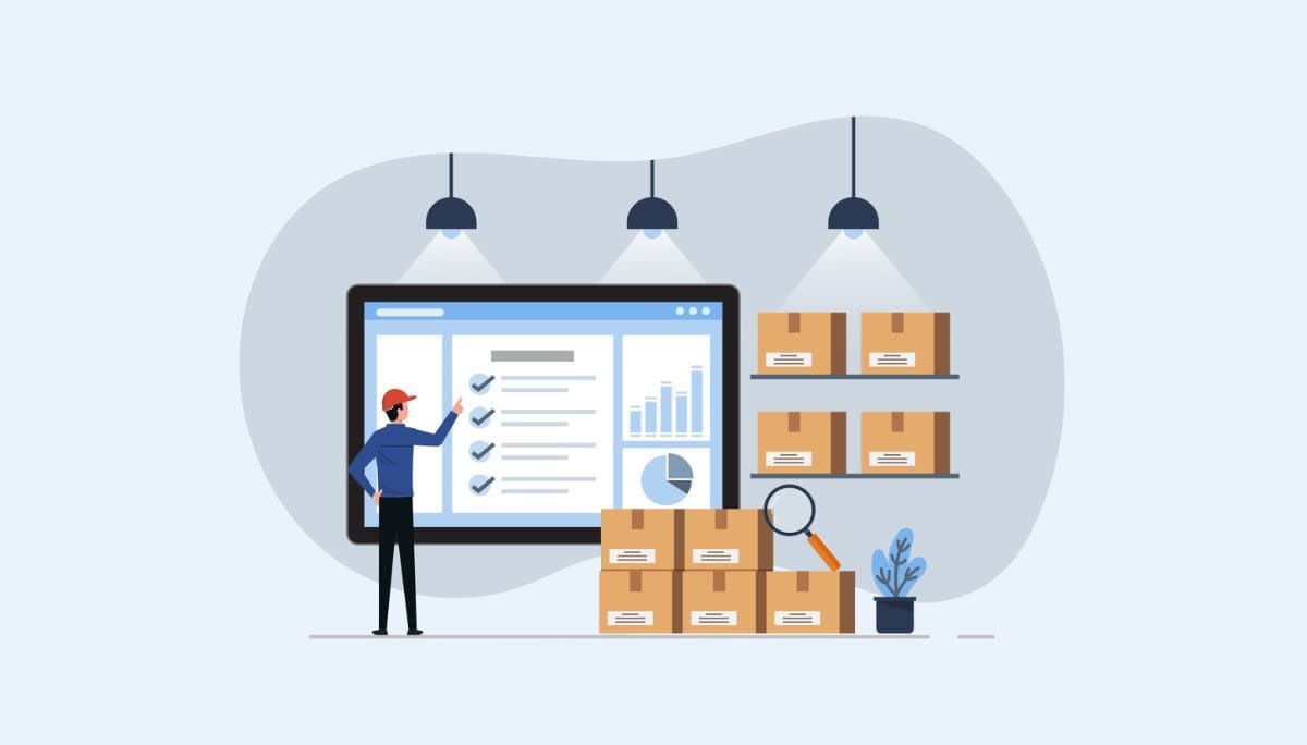 Person in warehouse with digital screen showing graphs and checklist, representing logistics management platforms.