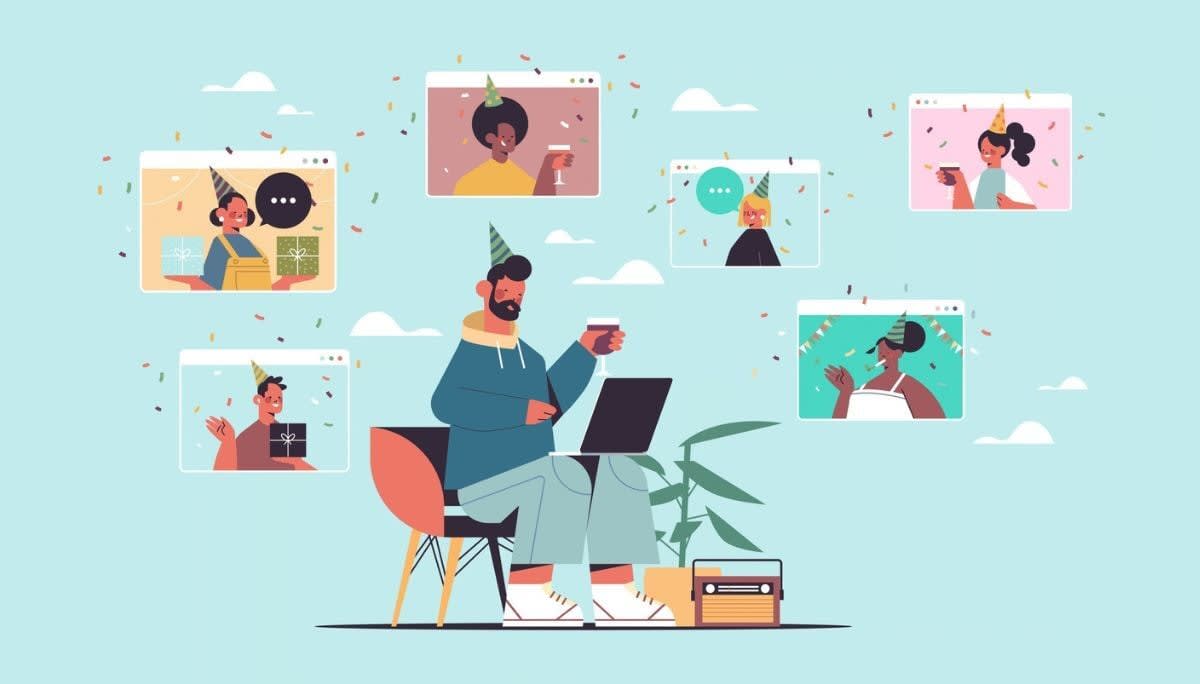 Illustration of online celebration with multiple video windows, representing virtual office alternatives to SpatialChat.