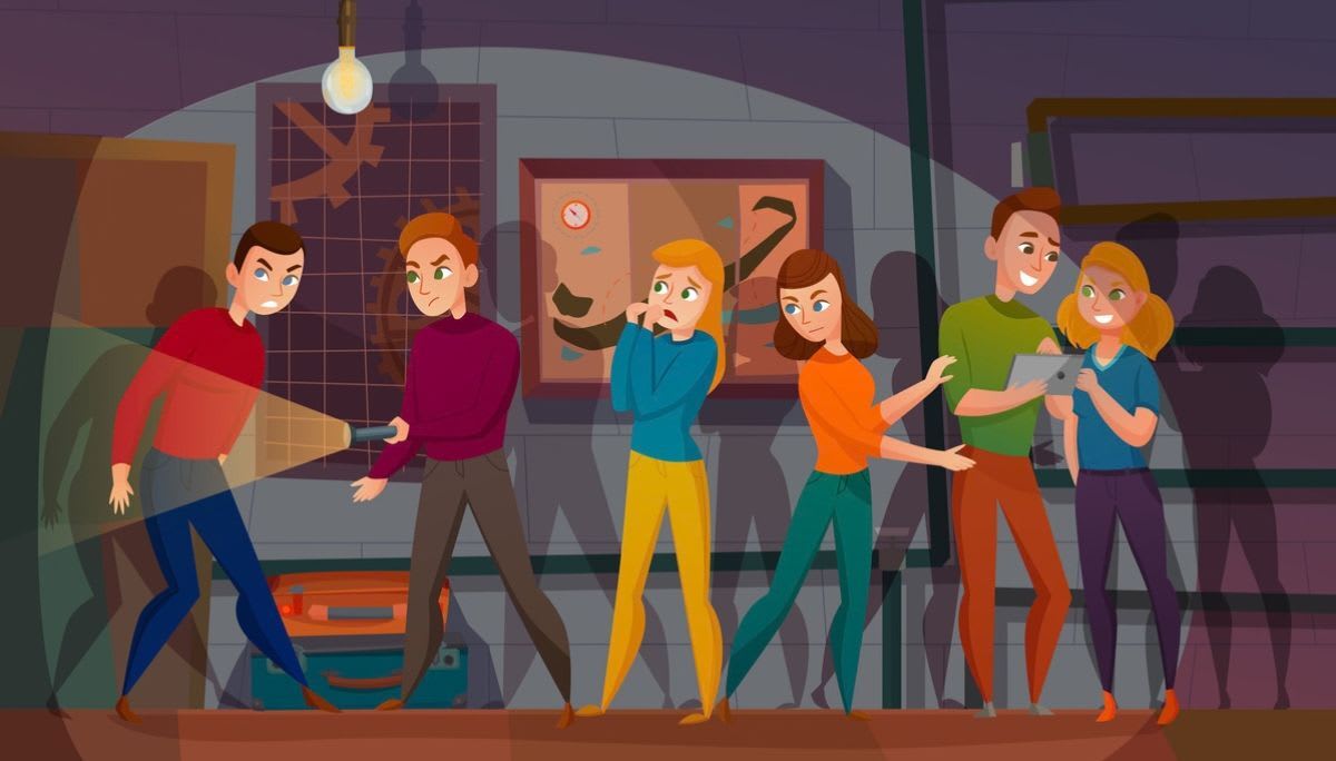 Illustration of coworkers solving clues in a dim, themed room, representing engaging Halloween activities for teams.