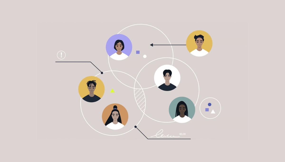 Illustration of connected remote team members in overlapping circles, representing communication gaps as founders scale their organizations.