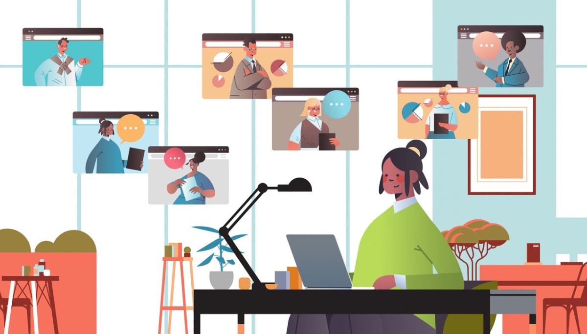 Illustration of remote worker in a video conference with multiple floating participant windows, representing signs of video call fatigue.