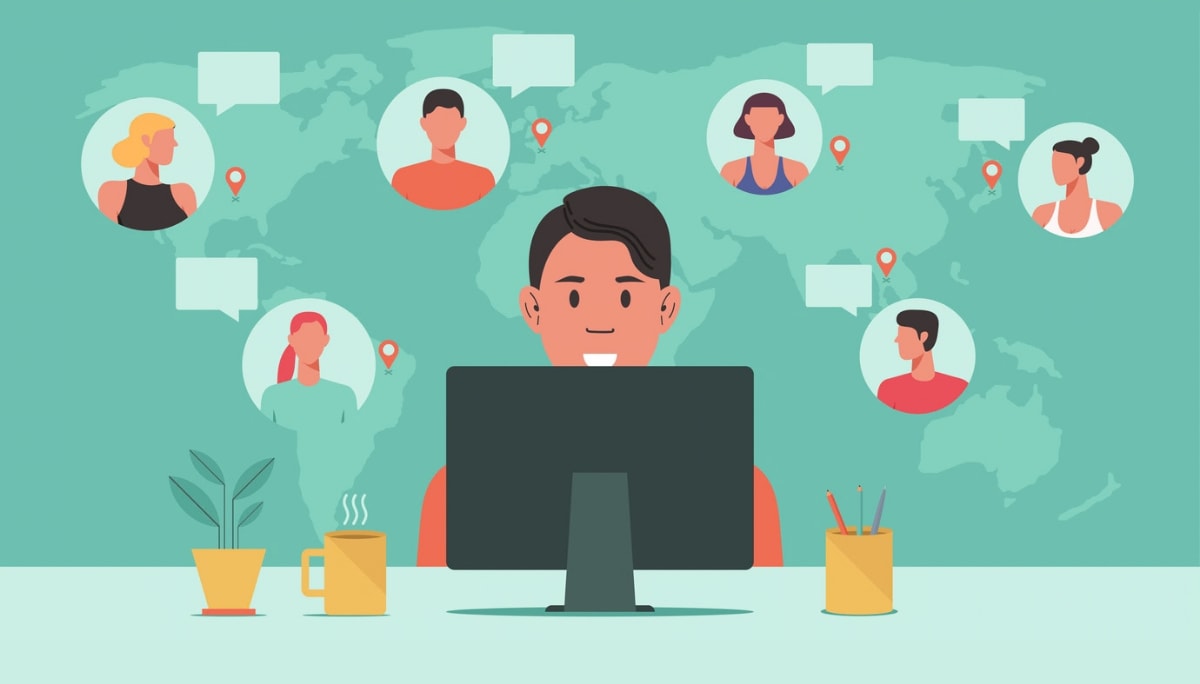 Illustration of global team members connected on a map, representing remote teams feeling transactional instead of united.
