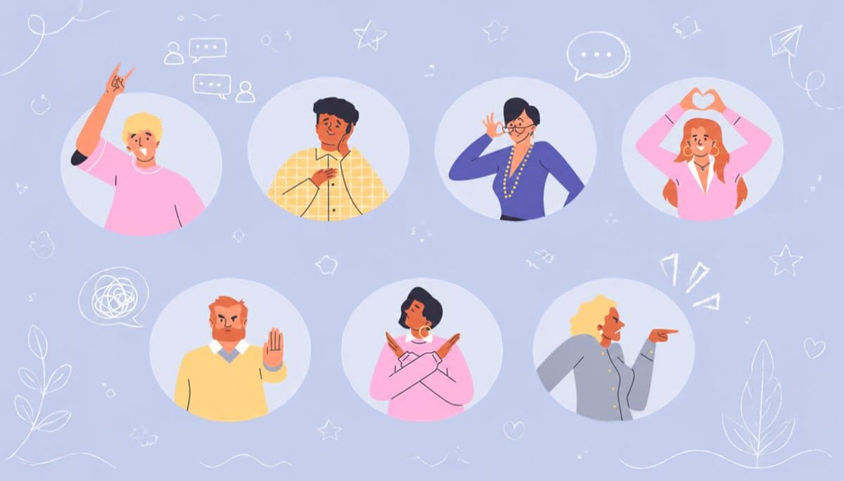 Illustration of remote team members showing various hand gestures, symbolizing nonverbal cues in distributed work.