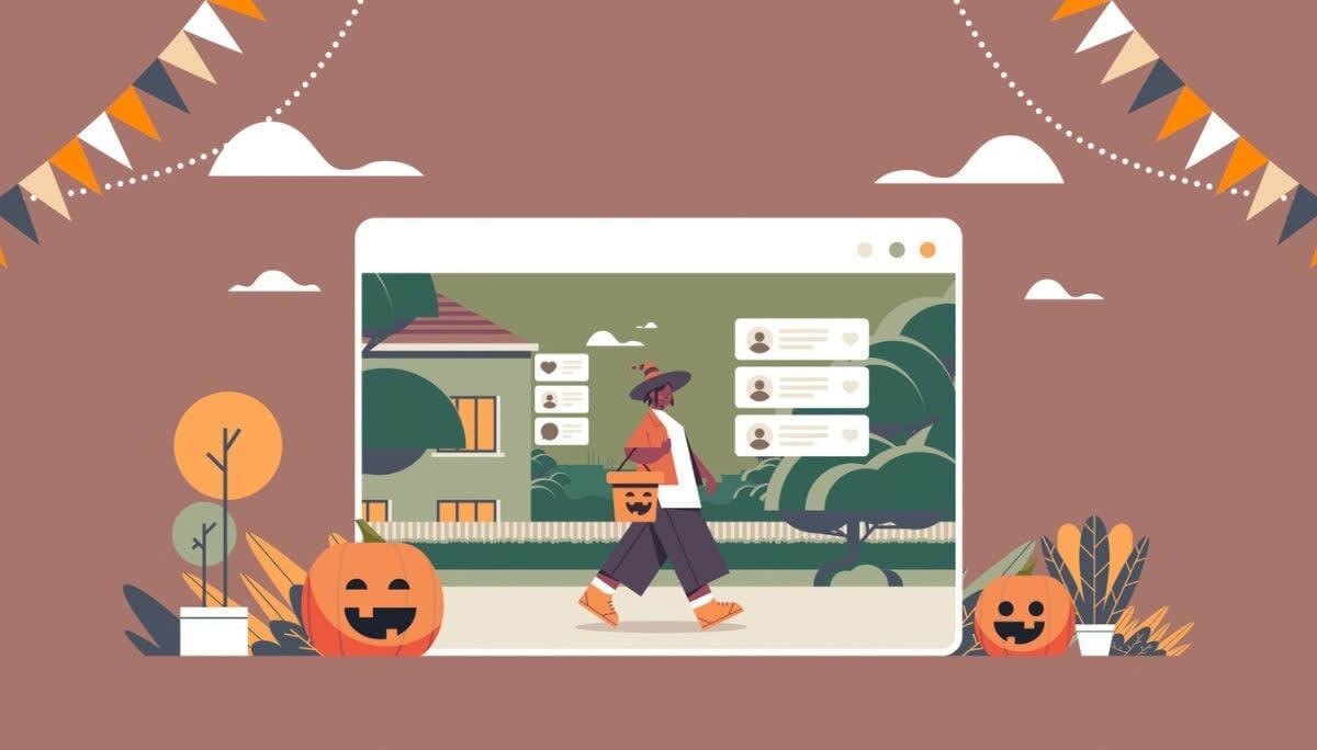 Illustration of a trick‑or‑treating figure inside a digital screen with festive banners and chat bubbles, representing virtual Halloween celebrations