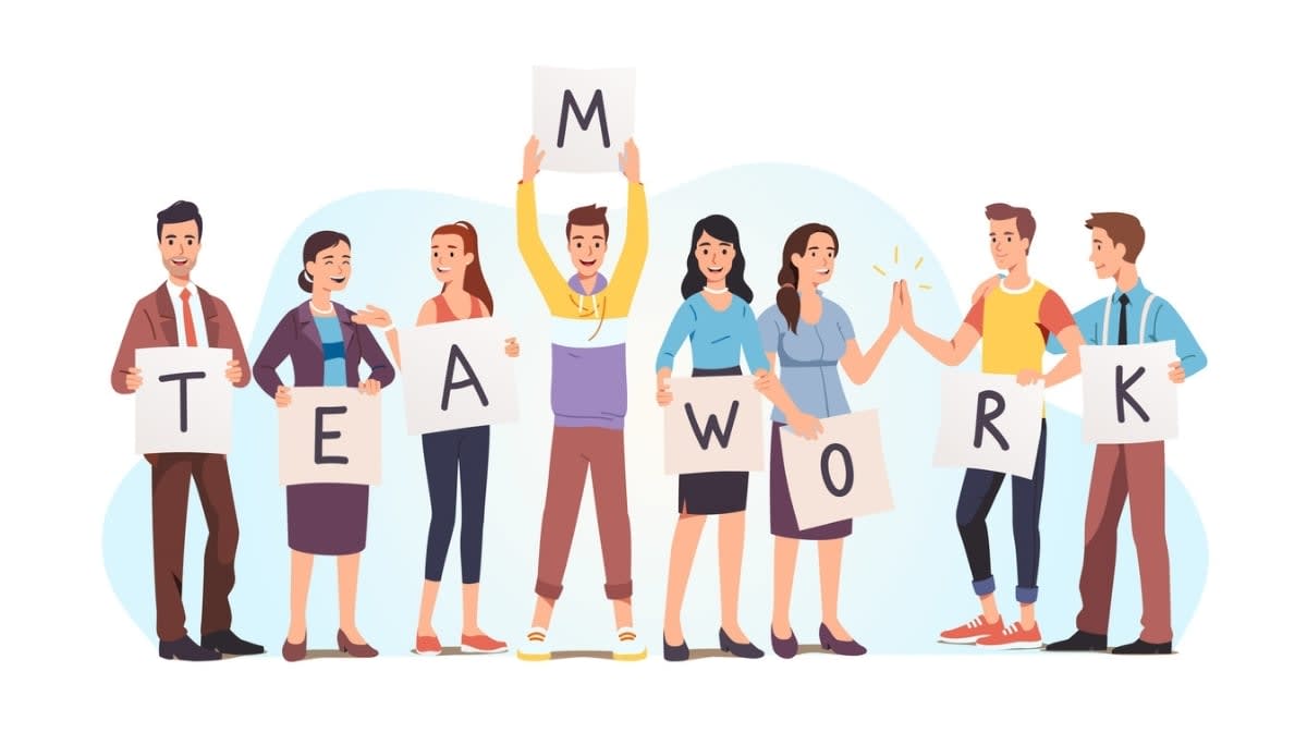 Illustration of eight people standing in a line holding signs that spell “TEAMWORK,” with two giving a high-five.