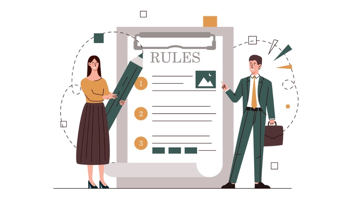Illustration of two professionals standing beside a large clipboard labeled “RULES,” one holding a pencil and the other pointing.