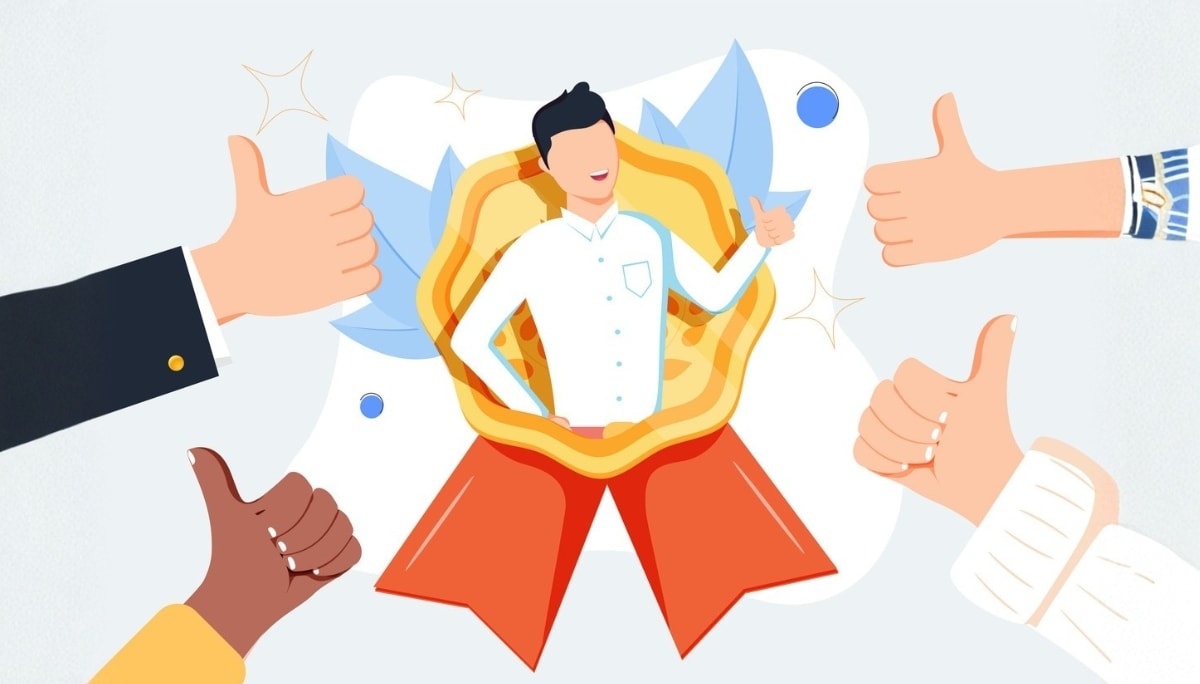 Illustration of a confident person framed by a golden ribbon and surrounded by multiple thumbs-up gestures.