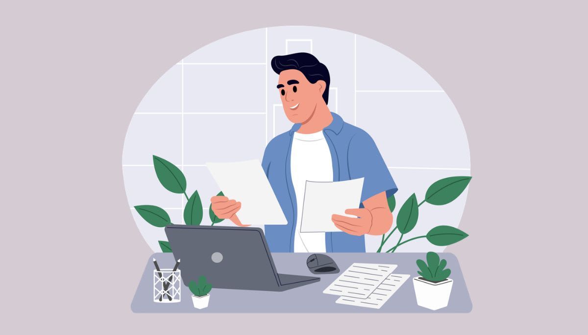 Illustration of a person reviewing documents at a desk with a laptop, symbolizing evaluating and validating a proof of concept.