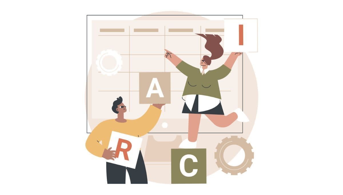 Illustration of two characters interacting with large lettered blocks spelling “RACI” in front of a calendar and gears.