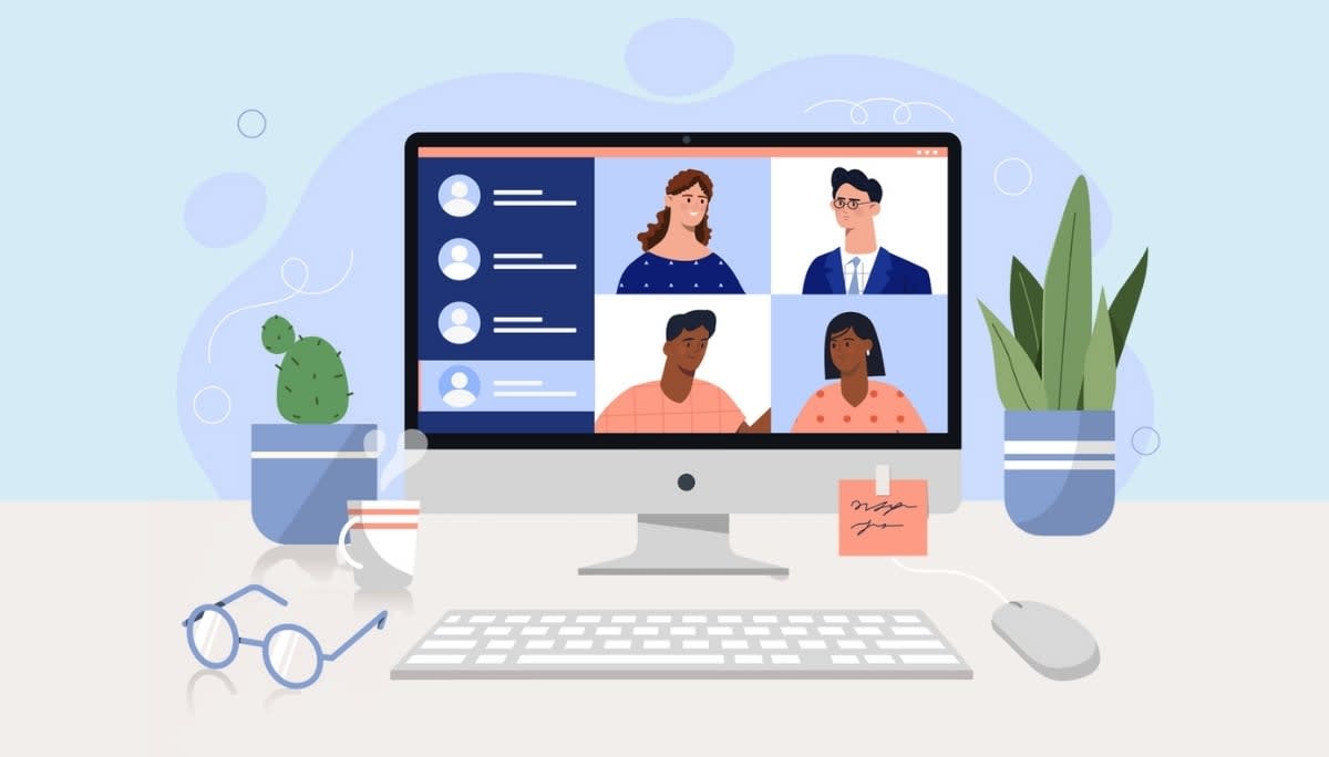 Illustration of a virtual meeting on a computer screen with four participants and a sidebar—symbolizing modern online group chat platforms and digital communities for real-time collaboration and connection in 2026.