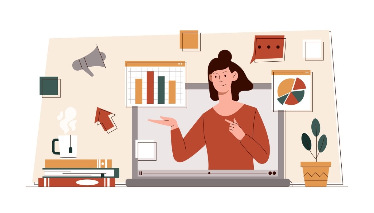 Illustration of a person presenting charts on a laptop screen during a virtual session—symbolizing effective online information sharing, remote engagement, and digital communication strategies for hosting impactful virtual events.