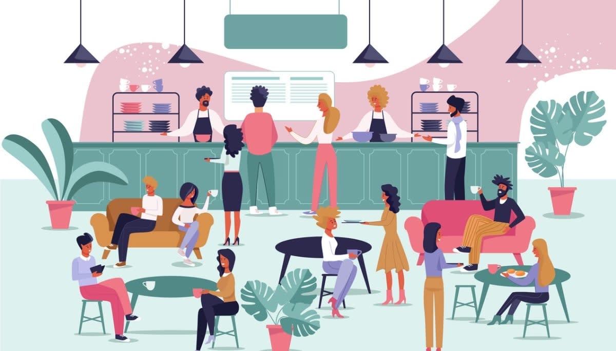 Illustration of a vibrant café scene with people chatting, sipping coffee, and using devices—symbolizing the informal yet powerful role of coffee meetings in networking and building professional relationships.