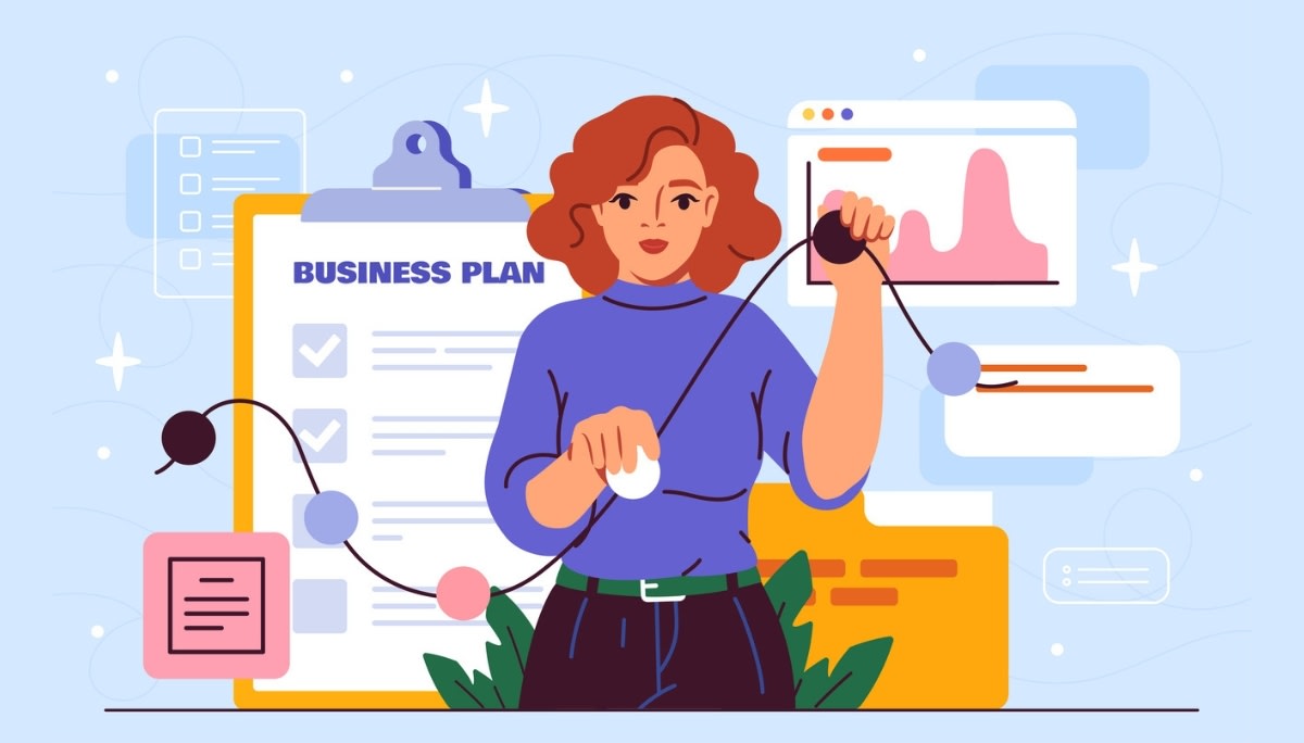 An illustrated woman holding a string of connected nodes in front of a clipboard labeled “Business Plan,” surrounded by charts and documents.