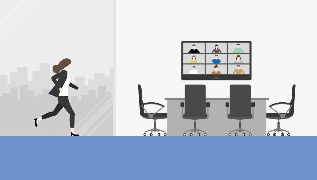 Illustration of a modern office where an employee rushes toward a conference room displaying a video meeting on a large screen.