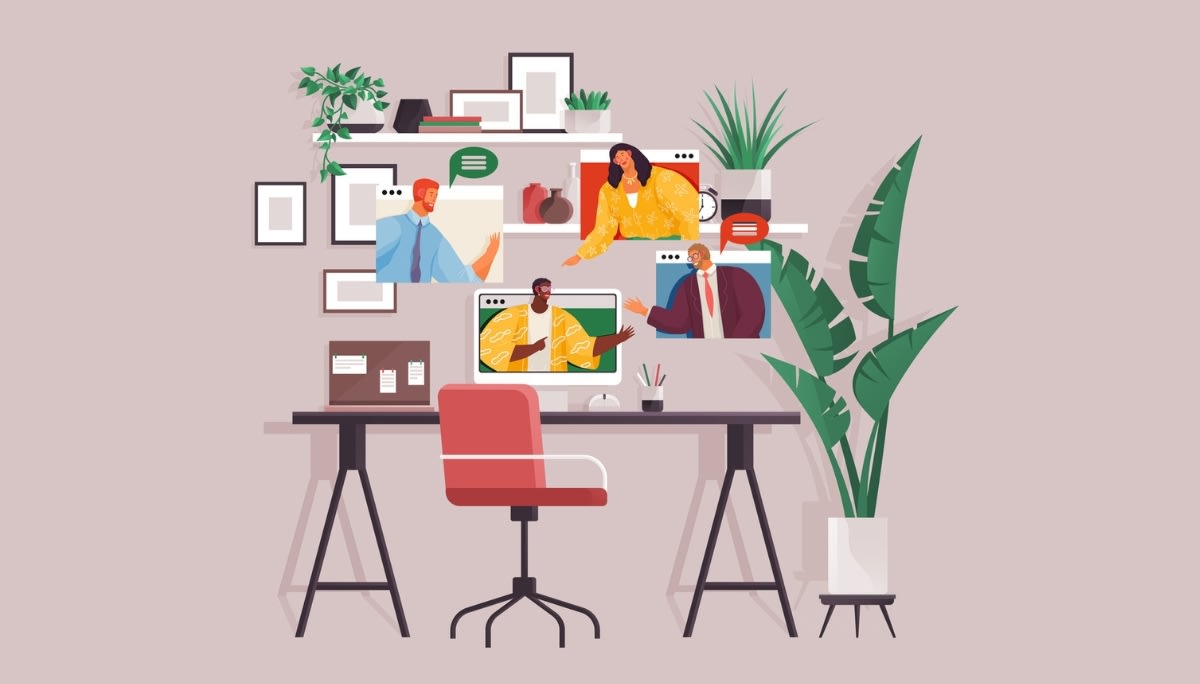 Illustration of a home office desk with a laptop and monitor showing multiple people in virtual meeting windows.