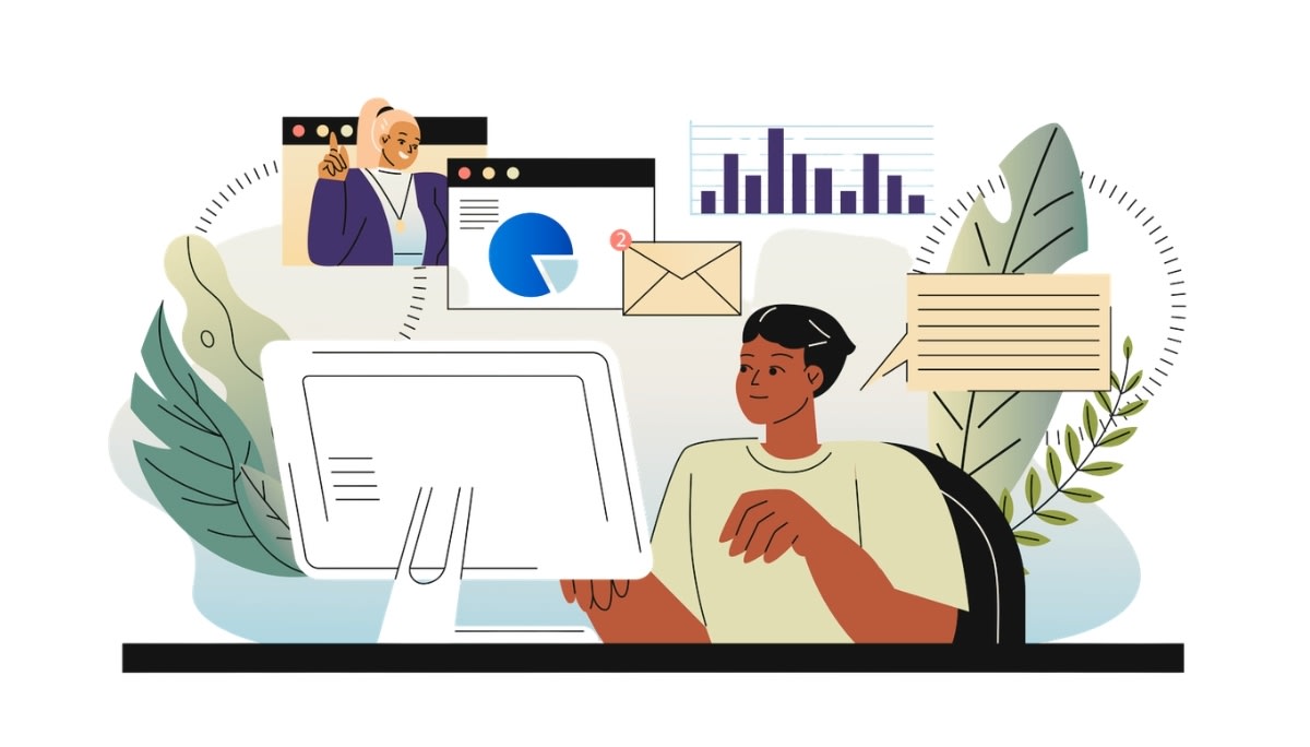Illustration of a person working at a computer surrounded by digital elements like video calls, charts, messages, and speech bubbles.