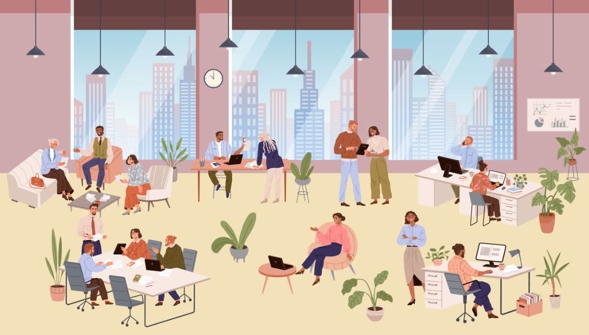 Illustration of a modern shared office with people working at desks, collaborating in pairs, and meeting in small groups, set against a cityscape backdrop, representing communal and co‑work solutions for flexible office space.