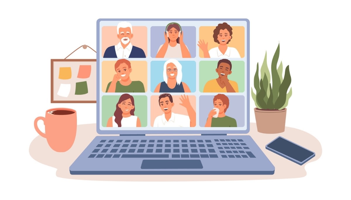 Illustration of a laptop screen showing a virtual meeting with nine diverse participants in a grid layout, each engaging with gestures or smiles, surrounded by a coffee mug, plant, smartphone, and sticky notes.