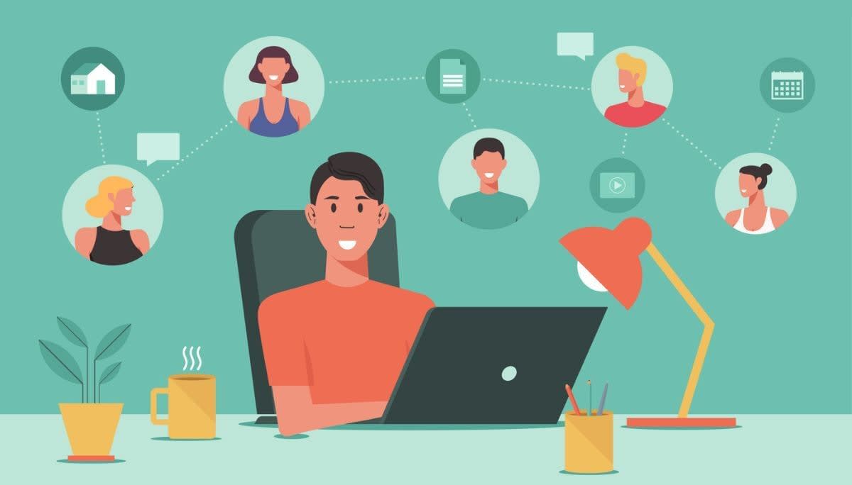 Illustration of person working at laptop with connected icons, symbolizing affordable collaboration software for small businesses.