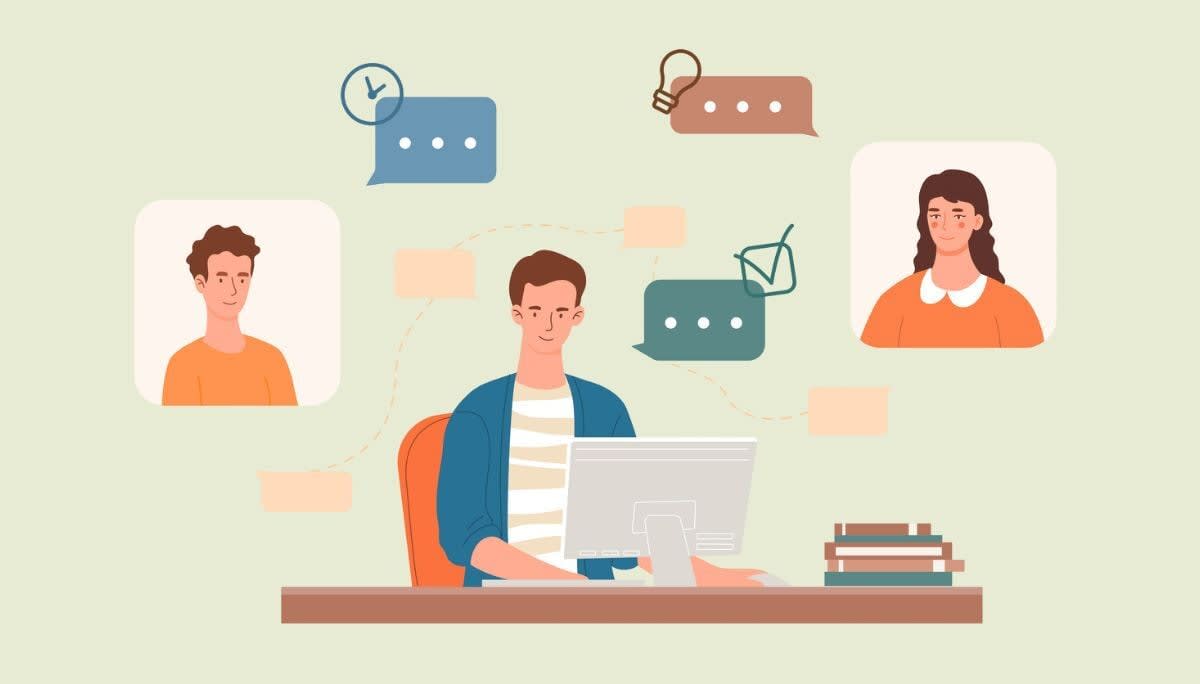 Stylized teamwork illustration with communication bubbles and productivity icons, symbolizing client collaboration platforms.