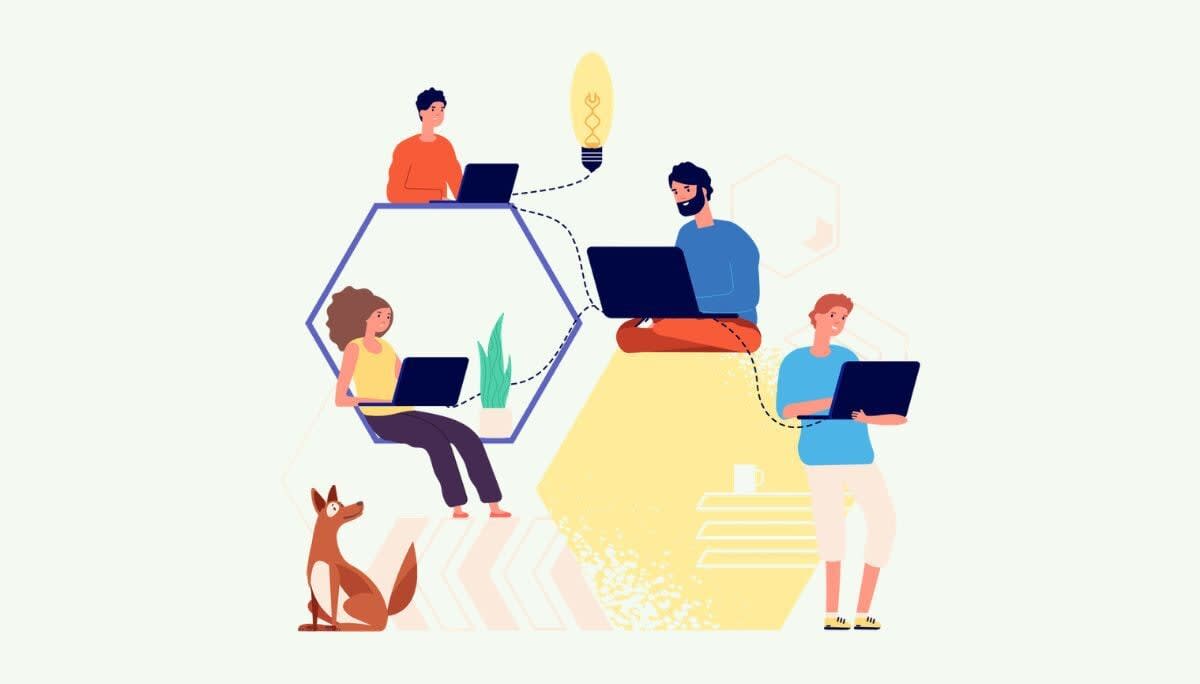 Flat vector illustration of a team working on laptops connected by dotted lines to a central lightbulb, representing collaborative project management software for teams.