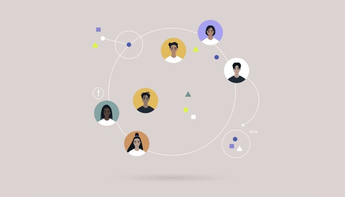 Illustration of distributed employees linked by lines, representing challenges of asynchronous communication.