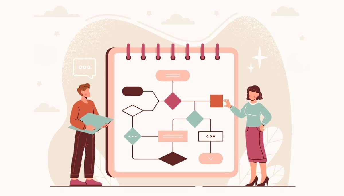 Illustration of two people discussing colorful flowchart on large notepad, symbolizing creating flowcharts in Word, PowerPoint, and Excel.