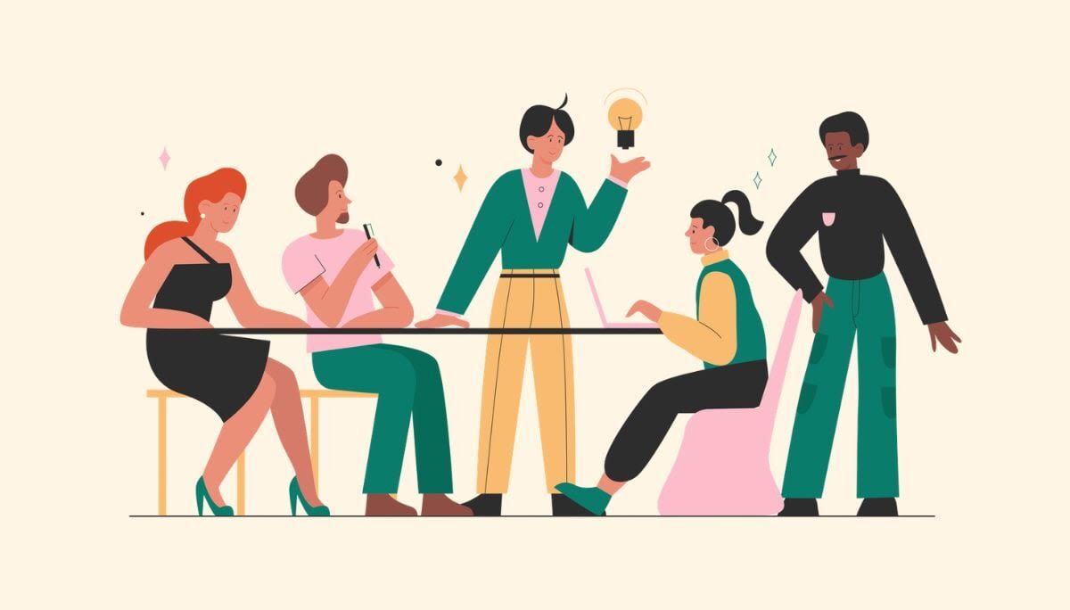 Illustration of team brainstorming around table with light bulb, symbolizing workflow diagram creation for project management.