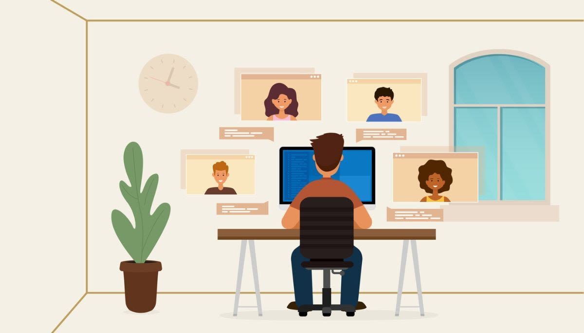 Remote worker in virtual meeting with code and charts, symbolizing productivity paranoia in digital workplaces.
