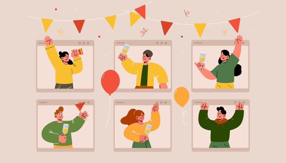 Virtual celebration with remote team members on video call, symbolizing Remo alternatives for online events.