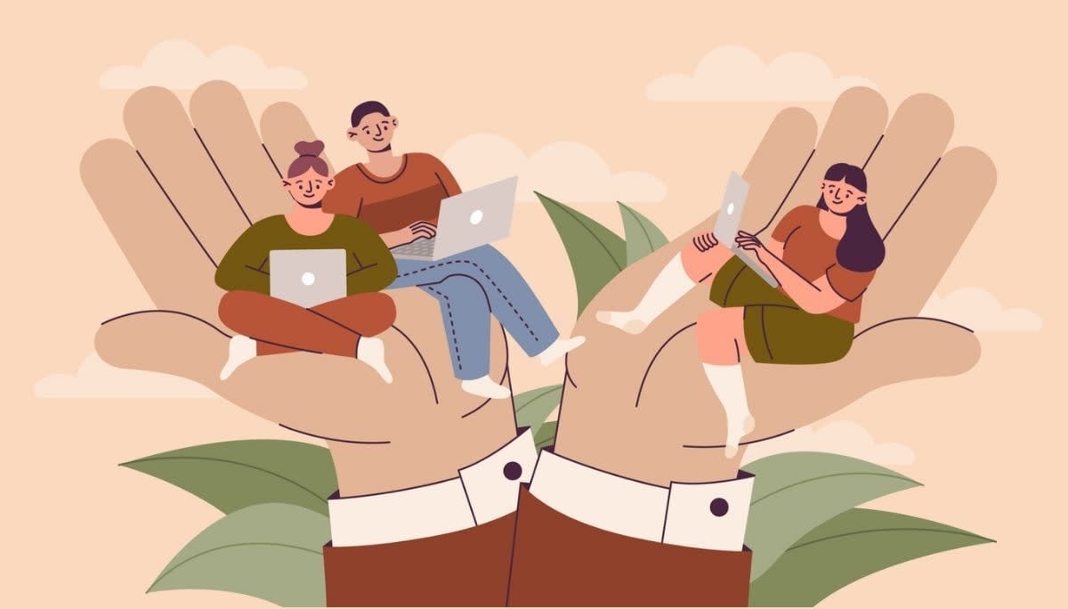 Illustration of remote team supported by large hands, symbolizing culture health and red flags to monitor.