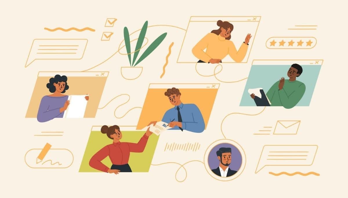 Online teamwork illustration with video call frames and productivity symbols, exploring remote employee disconnection.