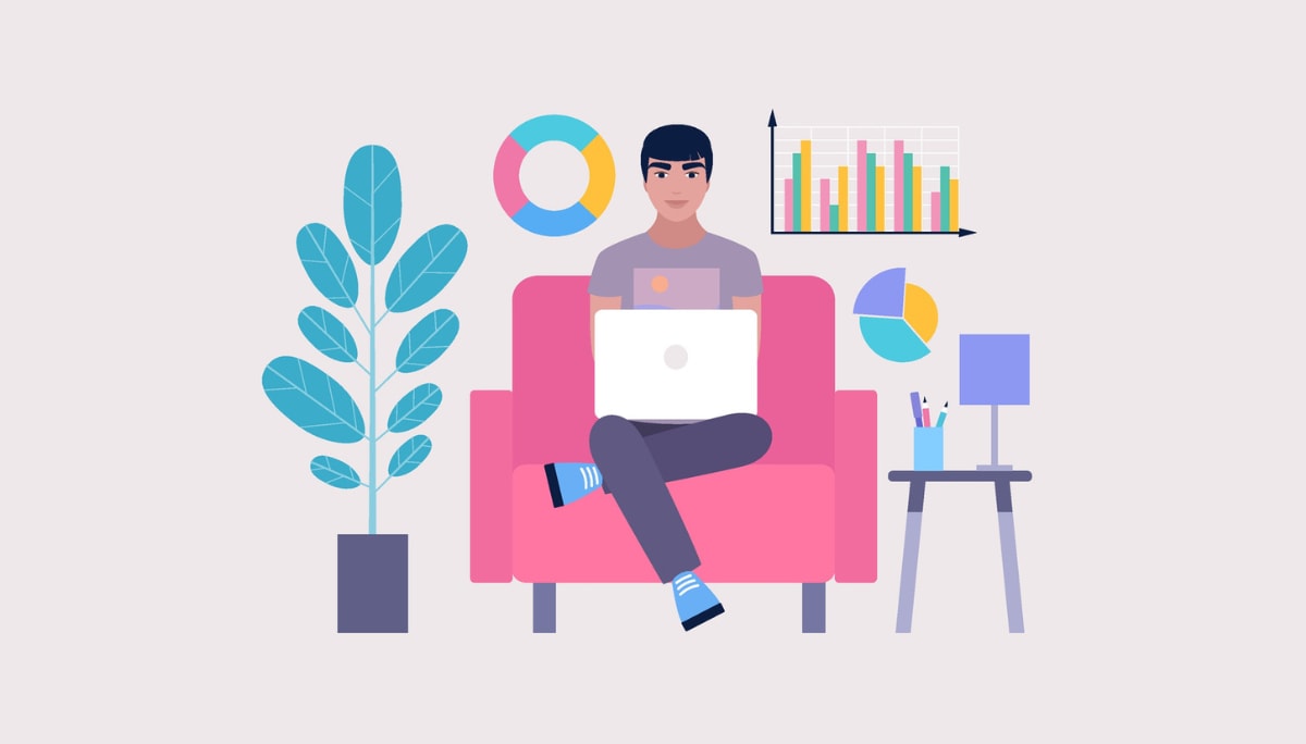 Illustration of person working on laptop in home office with charts on wall, symbolizing remote workforce analytics and productivity tools.