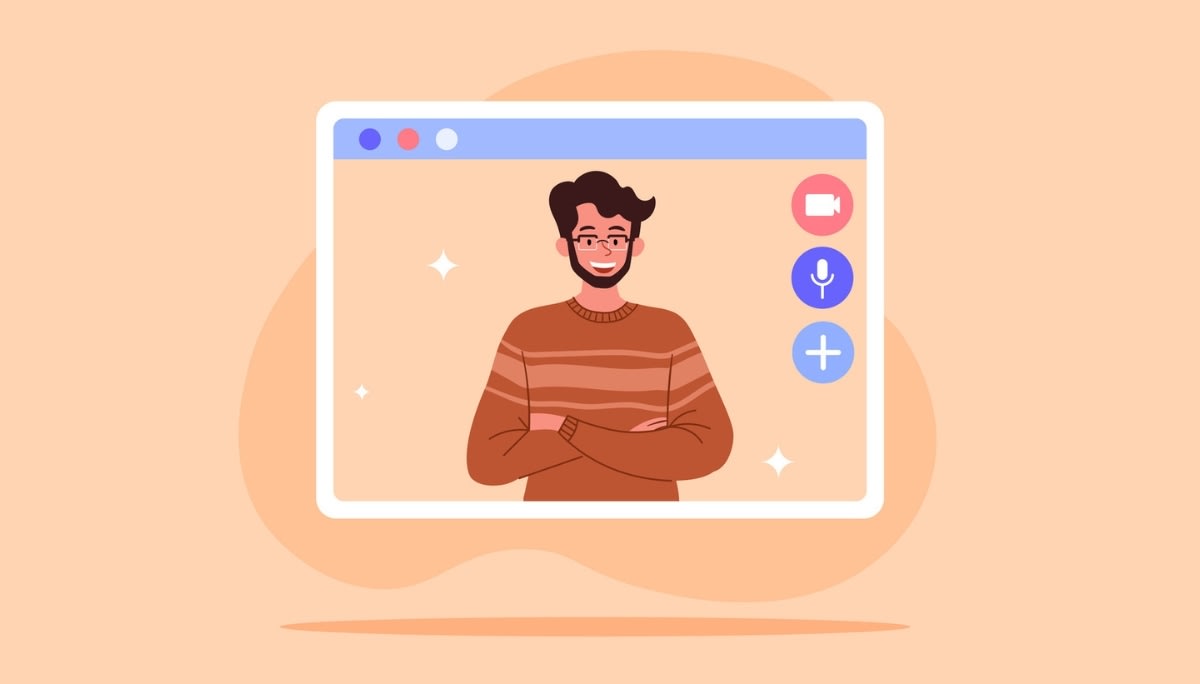 Illustration of a person on a video chat interface with camera and microphone icons, representing modern video chat rooms and digital hangouts.