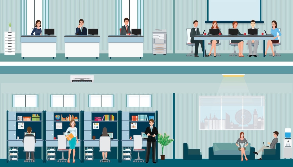 Illustration of a two‑story modern office with people working at desks, meeting around a conference table, and relaxing in a lounge area, showing different workspace types and activities.