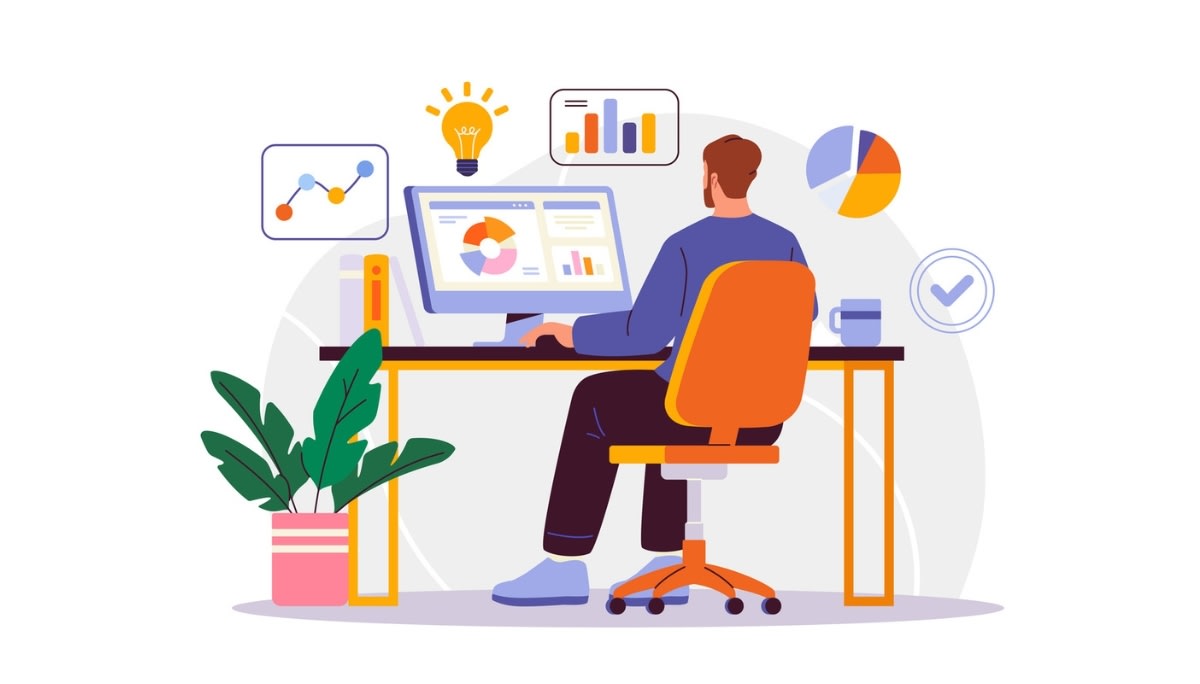 Illustration of a person sitting at a desk in an orange chair, analyzing charts and graphs on a computer screen, surrounded by icons like a light bulb, pie chart, line graph, and checkmark.