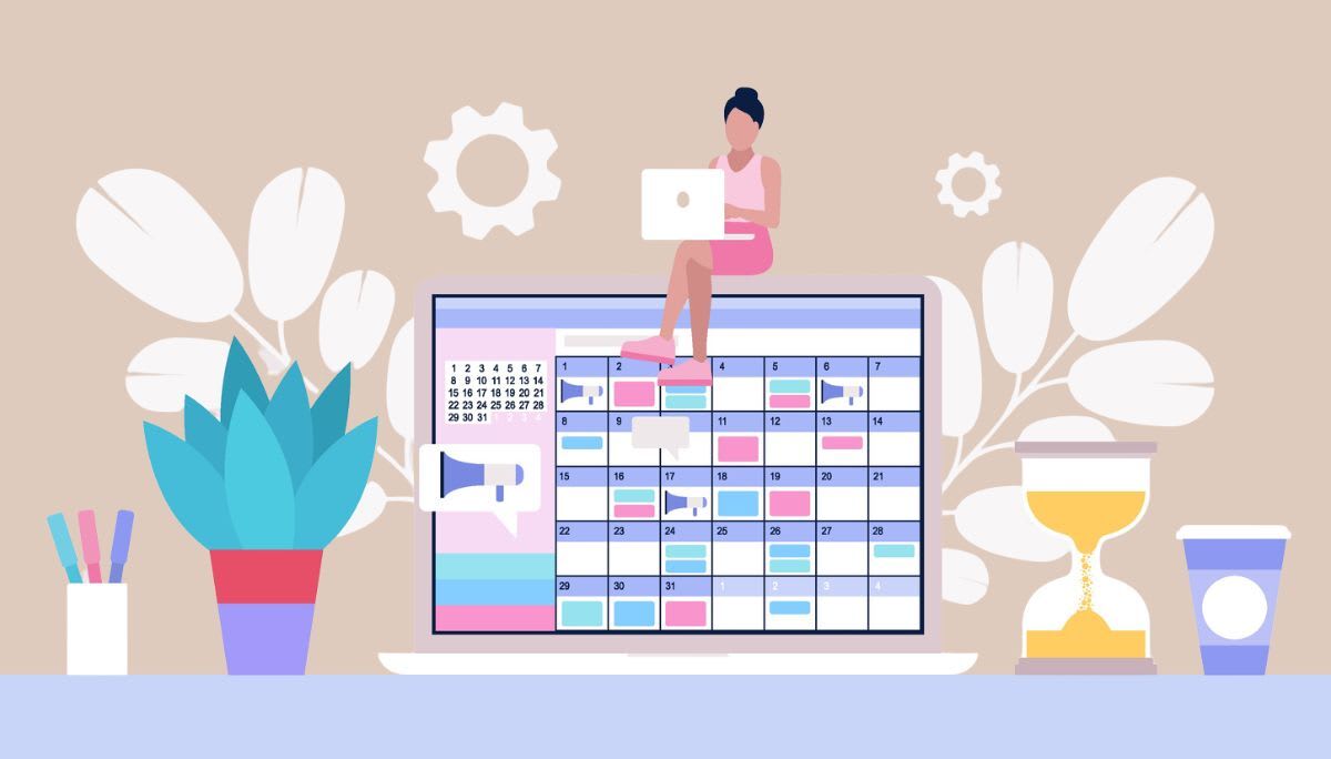 Illustration of a laptop displaying a digital calendar, surrounded by planning tools.