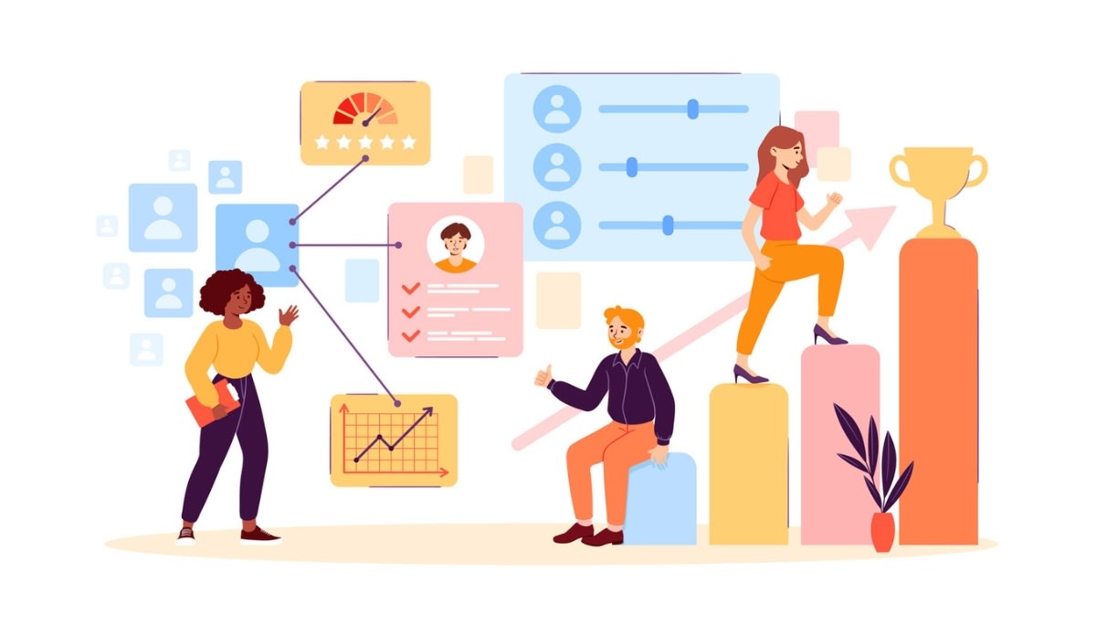 Illustration of three people interacting with charts, rating scales, and profile cards—one reviewing performance metrics, one sitting on a bar chart giving a thumbs‑up, and another climbing toward a trophy.