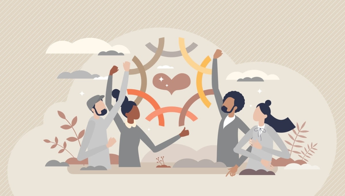 Illustration of a diverse group of people standing together with raised arms beneath colorful interconnected lines, with a heart symbol at the center surrounded by sparkles, clouds, and plants.