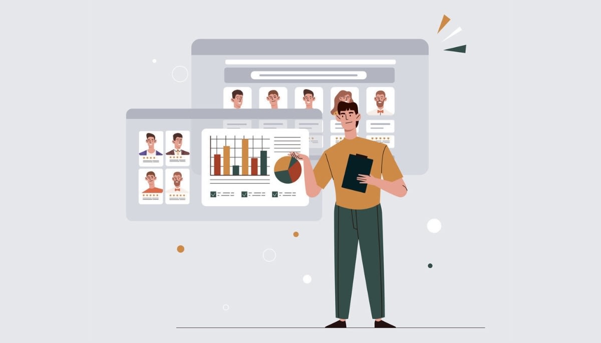 Illustration of a person standing in front of two large digital screens displaying data charts, checklists, and employee profile cards with star ratings.