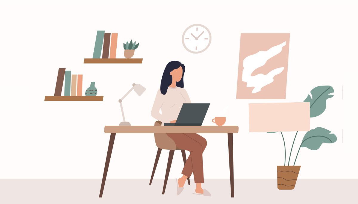 Illustration of a person working at a tidy desk with a laptop, lamp, bookshelves, and a large plant.