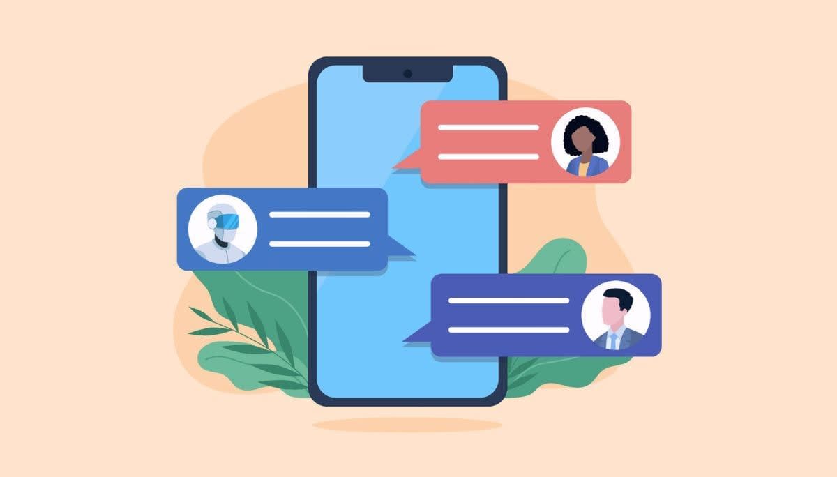 Illustration of a smartphone with multiple chat bubbles from different users, representing team communication and Slack app integrations.