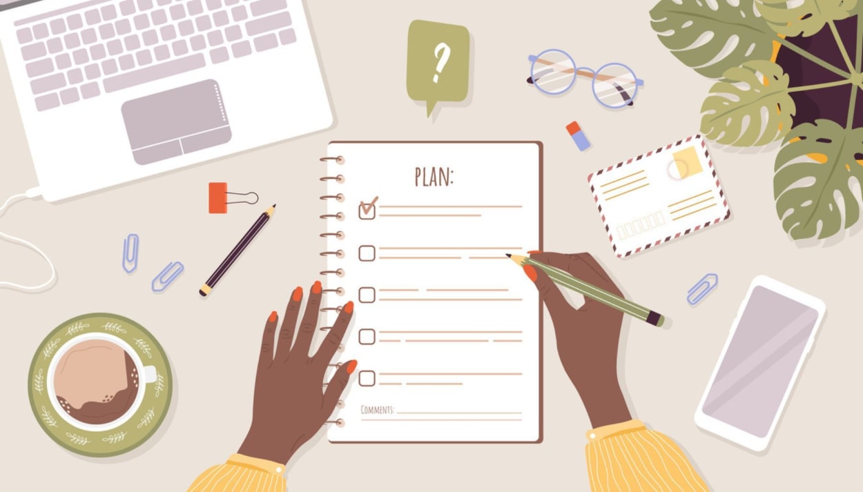 Illustration of a workspace with hands writing a weekly plan in a notebook surrounded by a laptop, coffee, phone, and office supplies.