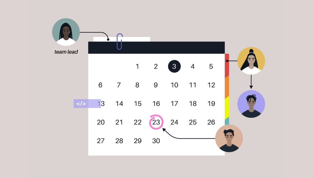 Illustration of a shared team calendar with highlighted dates and connected team member avatars.