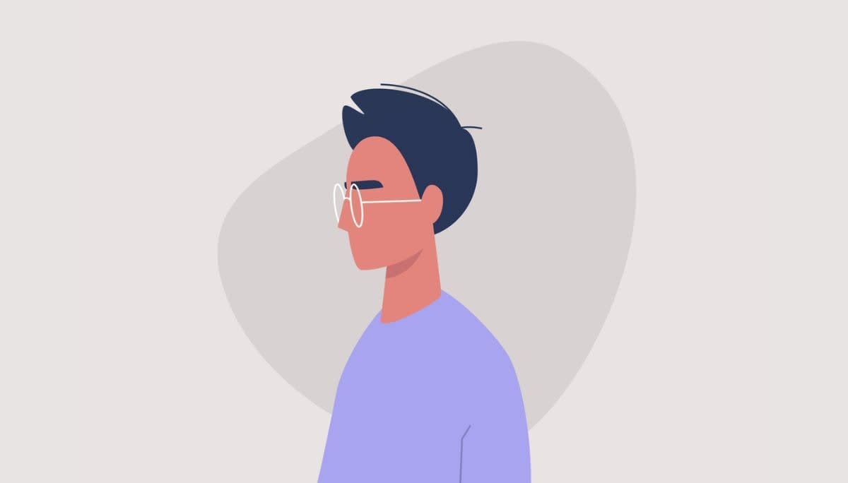 Minimalist illustration of a person wearing round glasses in profile view.