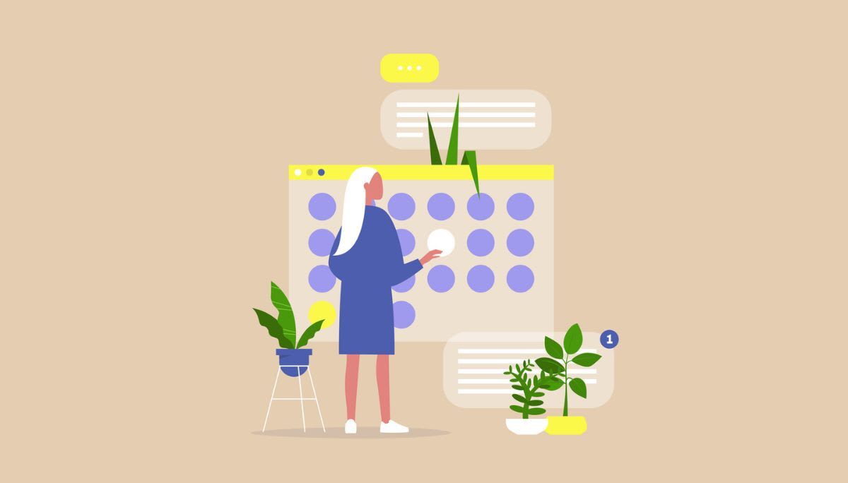 Illustration of a person interacting with a large digital calendar interface, representing availability and scheduling tools.